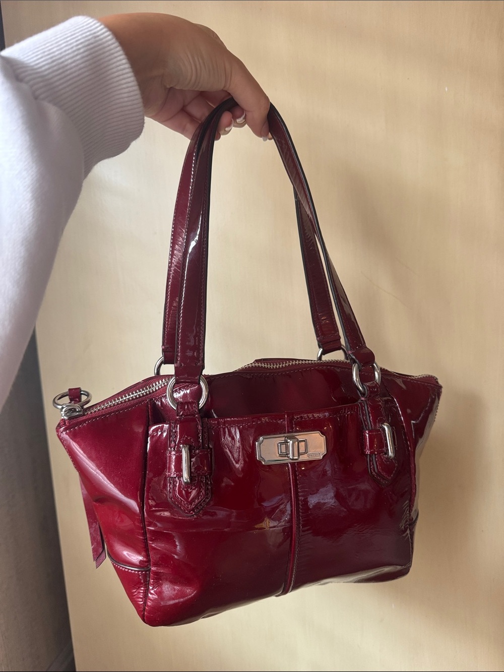 Patent Leather Tote Handbag in Deep Red